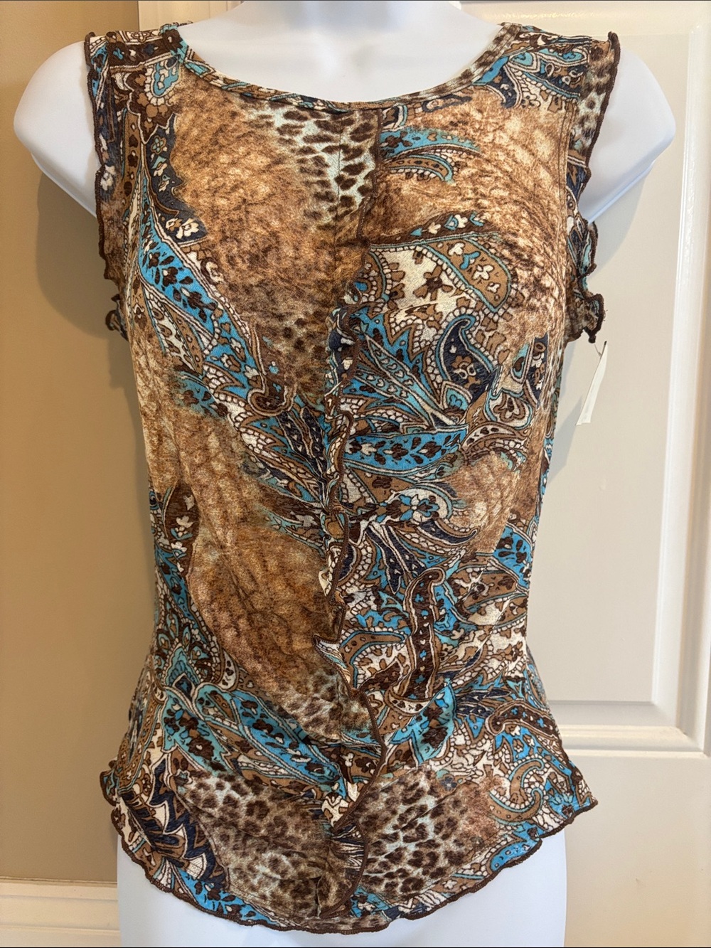 Sleeveless Brown & Turquoise Paisley Print Women’s Top